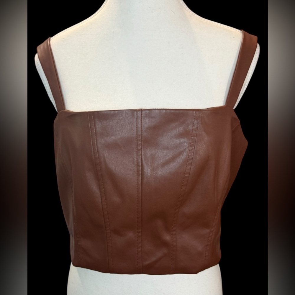 NWT Retail $375 JASON WU Faux Leather Caramel Brown Cropped Tank Top Back Zip
